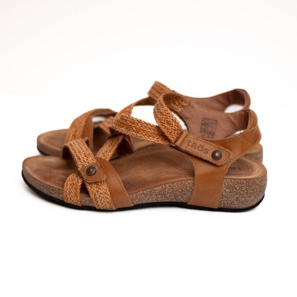 Taos Trulie Sandals 9 Camel Brown Leather Strappy Slingback Wedge Cork Footbed - Picture 2 of 9